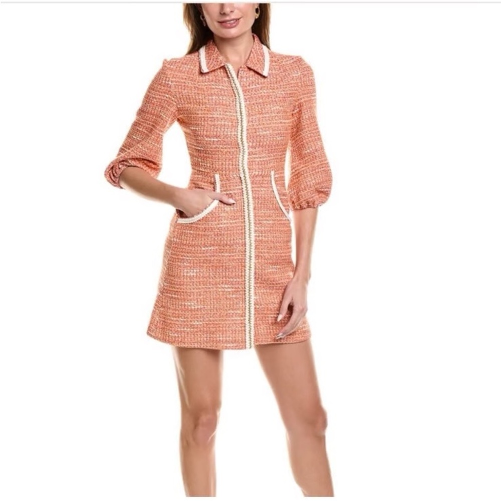 Maje Size 36 Tweed Orange Button Snap Dress Summer Tweed